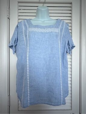 Talbots 100% Linen Embroidered Coastal Grandma Tunic Top Petite XL Boho Chic